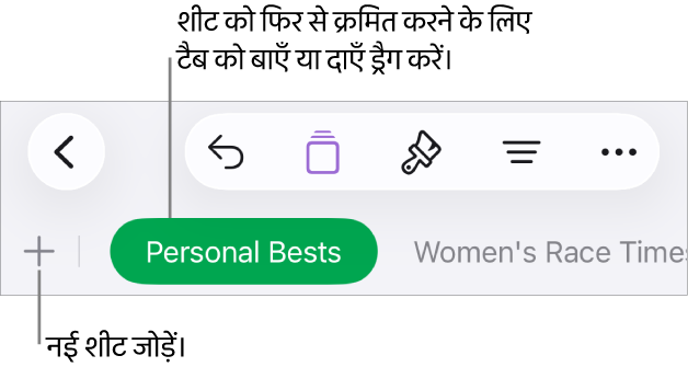 नई शीट जोड़ने, शीट को नैविगेट करने, उन्हें रीऑर्डर करने और फिर से व्यवस्थित करने के लिए टैब बार।