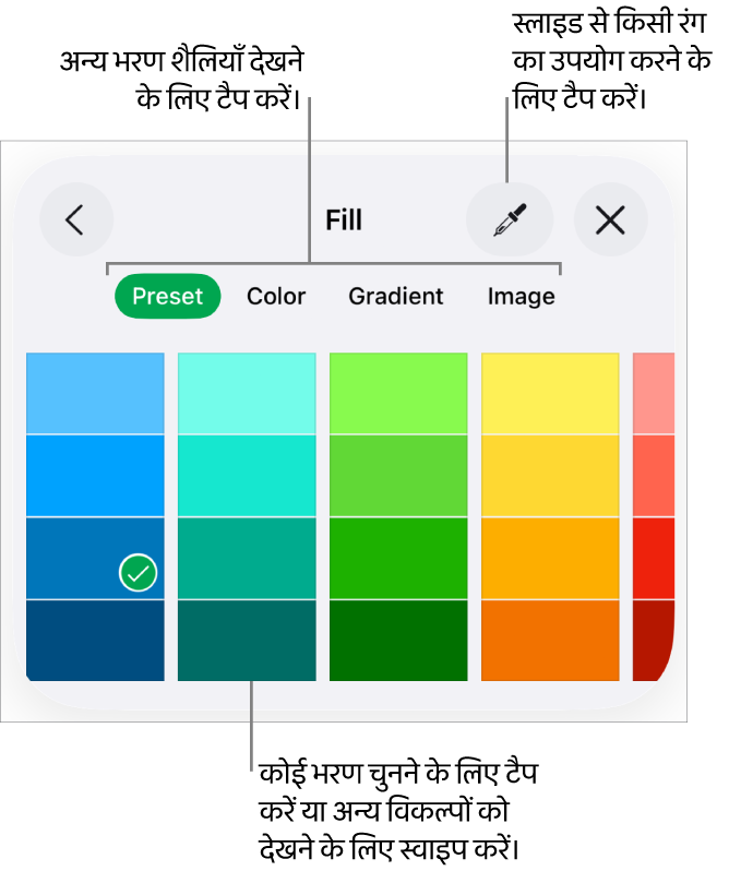 “फ़ॉर्मैट करें” बटन के शैली टैब के भरण विकल्प।