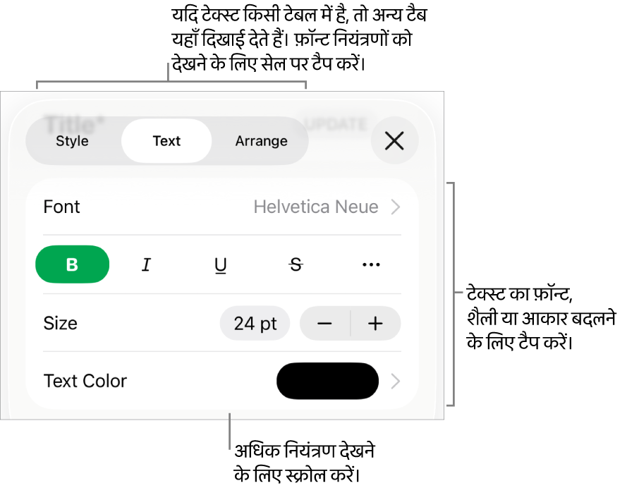 “फ़ॉर्मैट” मेनू में अनुच्छेद सेटिंग और वर्ण शैली, फ़ॉन्ट, आकार और रंग के लिए टेक्स्ट नियंत्रण।