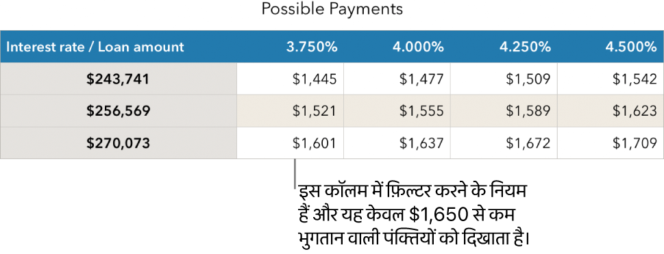 किफ़ायती ब्याज़ दरों के लिए फ़िल्टर करने के बाद प्रदर्शित बंधक टेबल।