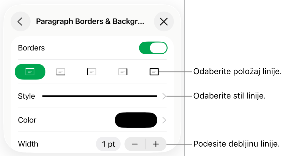 Kontrole za promjenu stila, debljine, položaja i boje linije.