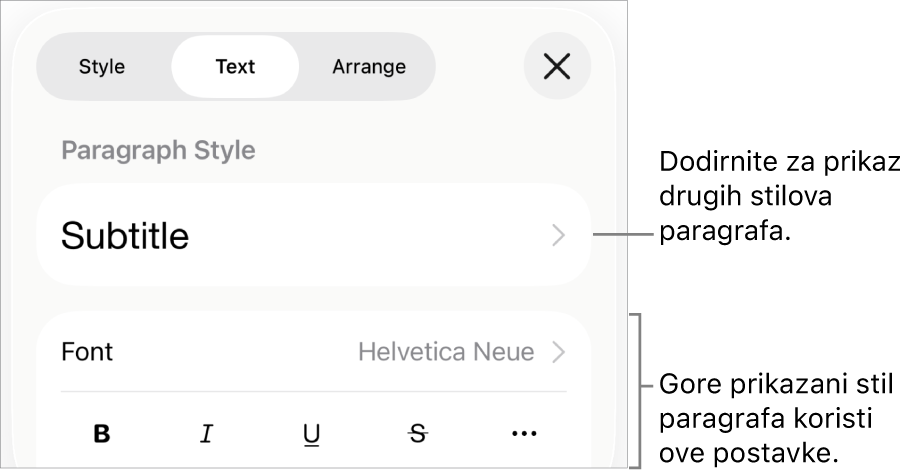 Izbornik Formatiraj s prikazom kontrola teksta za postavljanje paragrafa i stilova paragrafa, fonta, veličine i boje.