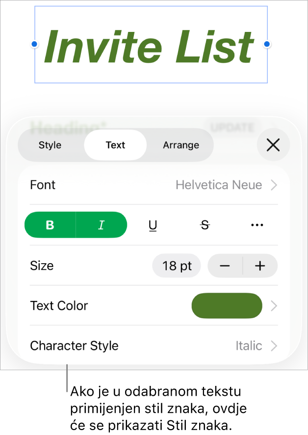 Kontrole za formatiranje teksta sa Stilom znaka ispod Kontrola boja. Stil znaka Bez javlja se s asteriskom.