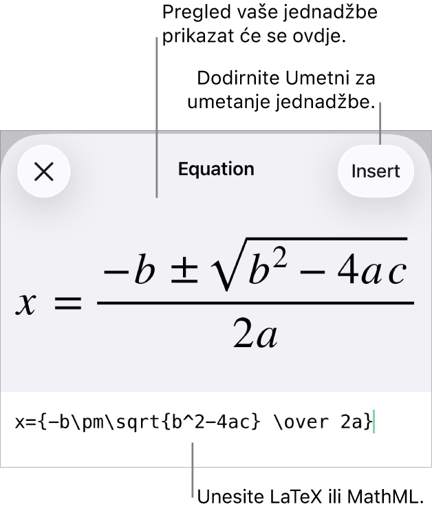 Dijaloški okvir Jednadžba koji prikazuje jednadžbu napisanu korištenjem MathML naredbi i prikaz gornje formule.