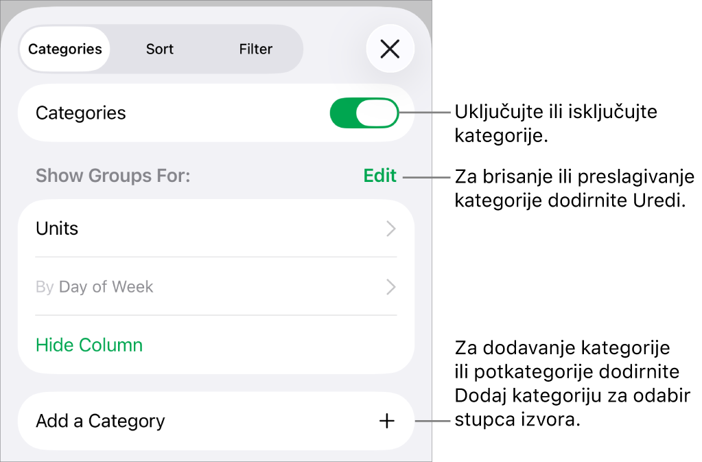 Izbornik Kategorije za iPhone s opcijama za isključivanje kategorija, brisanje kategorija, regrupiranje podataka, skrivanje izvorišnog stupca i dodavanje kategorija.