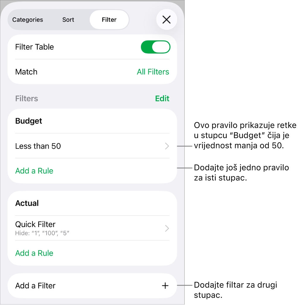 Kontrole za dodavanje novih pravila filtriranja ili uređivanje postojećih.