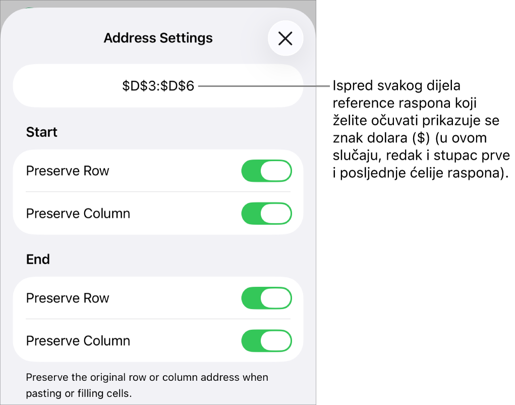 Kontrole za određivanje referenci redaka i stupaca koje će biti sačuvane u slučaju pomicanja ili kopiranja ćelije. Znak dolara pojavljuje se ispred svakog dijela reference raspona koju želite sačuvati.