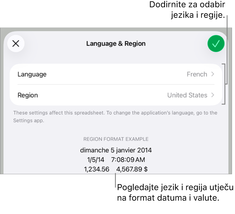 Prozor Jezik i regija s kontrolama za jezik i regiju te primjer formatiranja uključujući datum, vrijeme, decimalu i valutu.