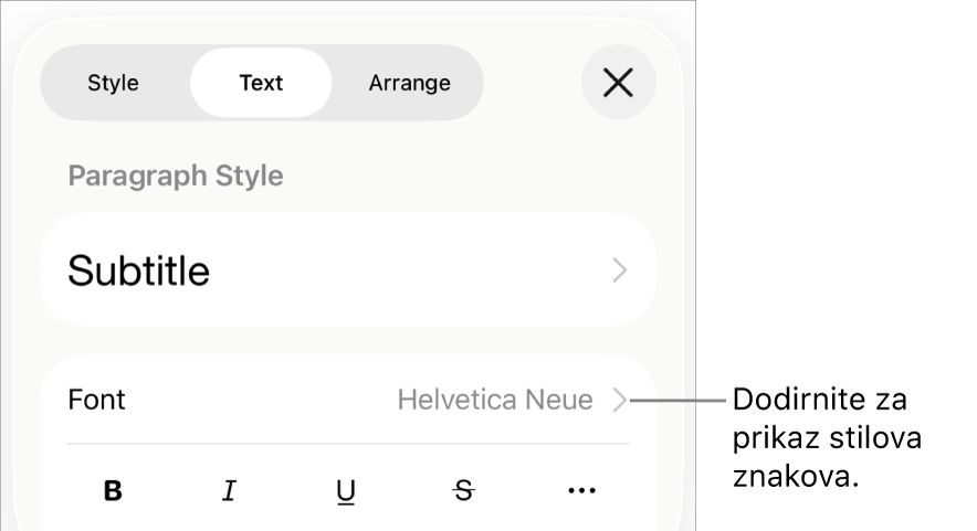 Kontrole opcije Formatiraj sa stilovima paragrafa pri vrhu, zatim kontrole Fonta. Ispod su tipke opcija teksta Podebljano, Kurziv, Podcrtavanje, Precrtavanje i Više.