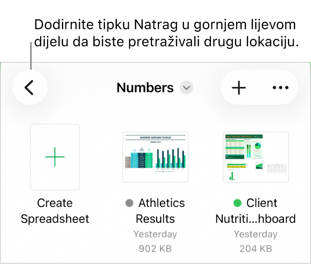 Prikaz pretraživanja upravljanja dokumentima s linkom na lokaciju u gornjem lijevom kutu, a ispod njega nalazi se polje za pretraživanje. U gornjem desnom kutu nalazi se tipka Dodaj tablični dokument i tipka Više. Na dnu zaslona nalaze se tipke Nedavne stavke i Pretraži.