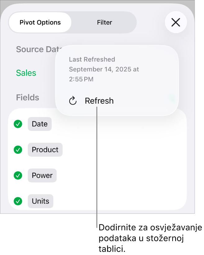 Izbornik Opcije zakretanja prikazuje opciju za osvježavanje zaokretne tablice.
