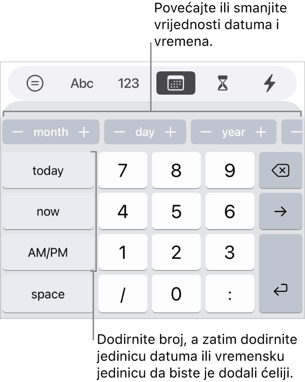 Tipkovnica za datum i vrijeme. Redak tipaka na vrhu prikazuje jedinice vremena (mjesec, dan i godina) koje možete postupno mijenjati za promjenu vrijednosti prikazane u ćeliji. S lijeve strane nalaze se tipke za danas, trenutačno vrijeme, te AM/PM, a brojčane tipke su u središtu tipkovnice.