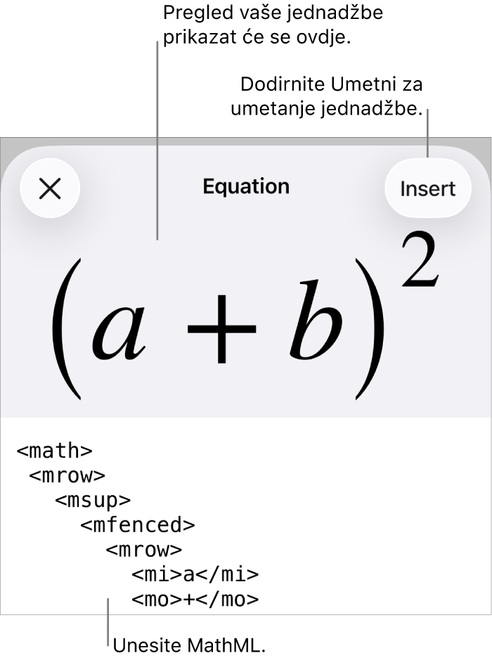 Dijaloški okvir Jednadžba koji prikazuje jednadžbu napisanu korištenjem MathML naredbi i prikaz gornje formule.