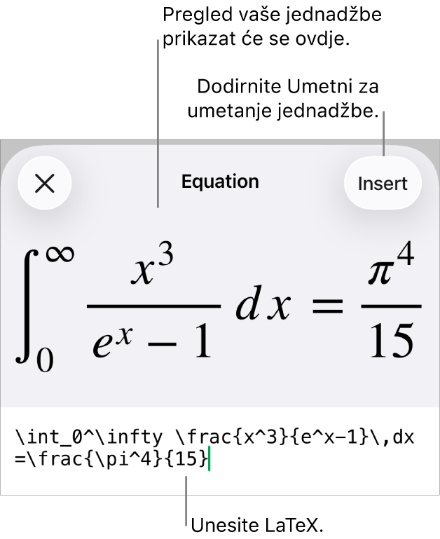 Dijaloški okvir Jednadžba koji prikazuje jednadžbu napisanu korištenjem LaTeX naredbi i prikaz gornje formule.