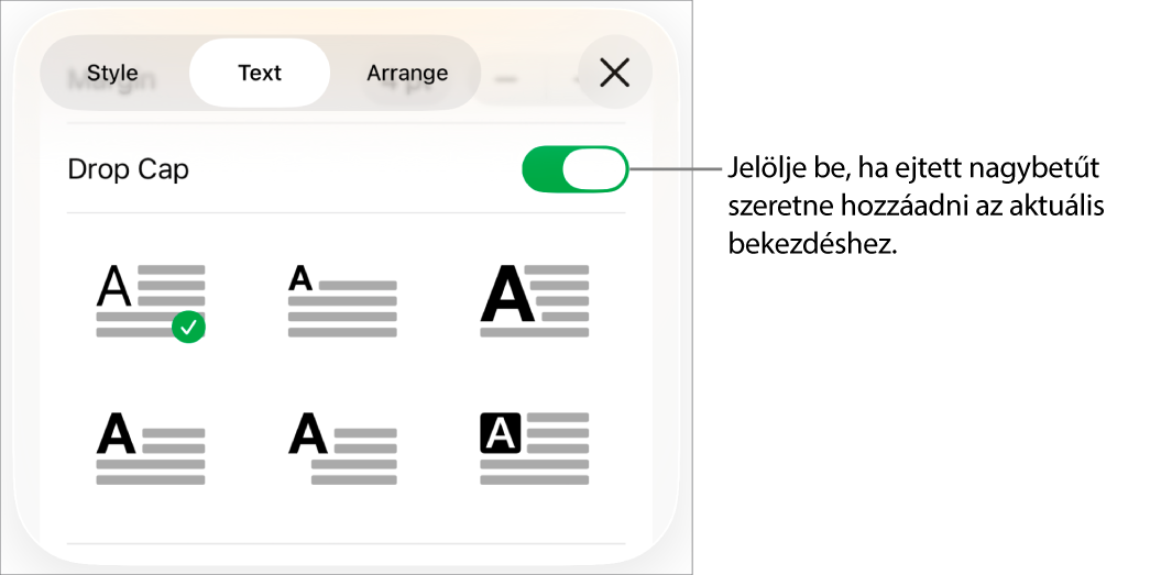 A Szöveg menüben található Iniciálé vezérlők.