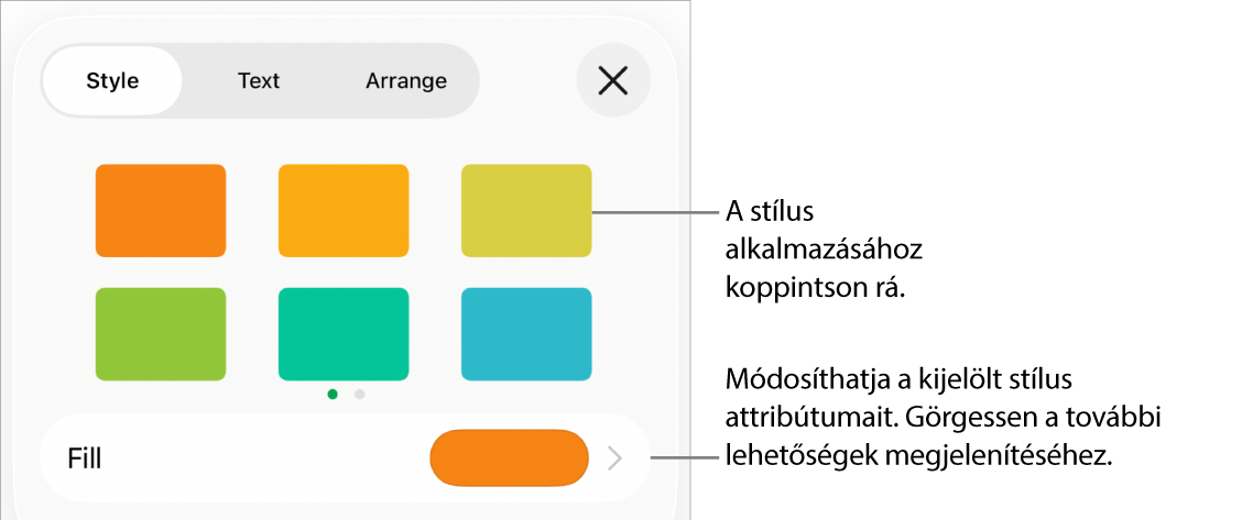 A Formátum menü Stílus lapja, felül az alakzatstílusokkal, alattuk pedig egy kitöltési színrekesszel.