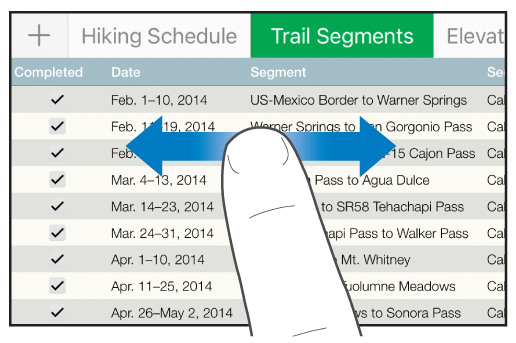 Egy ujj mozgatása balra és jobbra egy táblázat szélek közötti görgetéséhez.