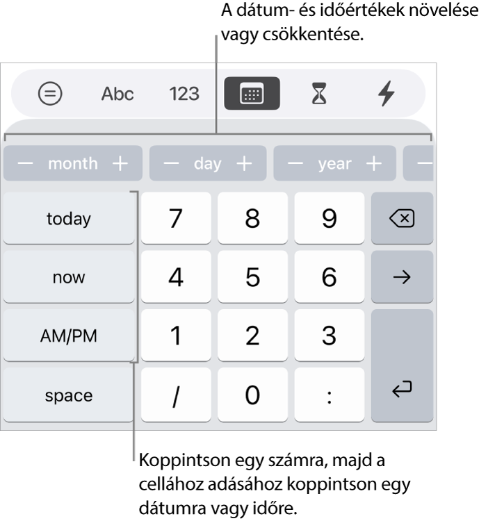 A dátum- és időbillentyűzet. A fenti soron található gombok mutatják az időegységeket (hónap, nap és év), amelyek növelésével módosítható a cellában megjelenő érték. A bal oldalon találhatók a ma, most és délelőtt/délután billentyűk, míg a számbillentyűk pedig a billentyűzet közepén vannak.