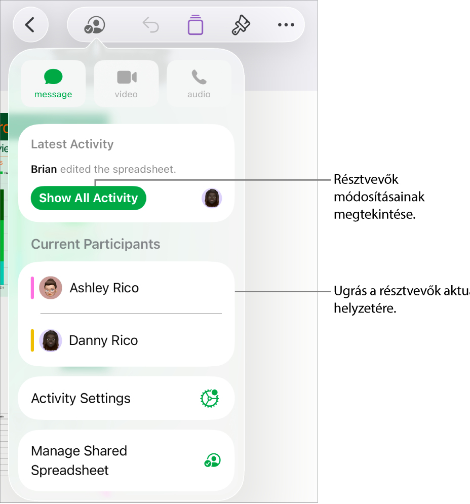 Az együttműködési menü a jelenlegi résztvevőkkel.