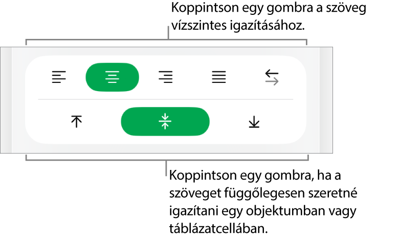 A szövegek vízszintes és függőleges igazítására szolgáló gombok.