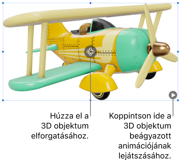 Egy 3D-objektum, az objektum közepén a forgatás gombbal, és a jobb alsó sarokban a lejátszás gombbal.