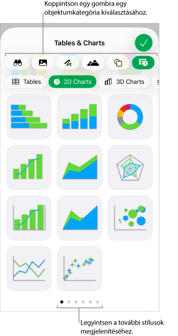Az objektumok hozzáadására szolgáló vezérlők, felül a táblázatok, diagramok, alakzatok (vonalak és szövegmezők), valamint médiatartalmak kiválasztásához szükséges gombokkal.