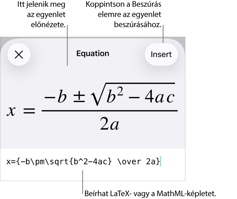 Az Egyenlet párbeszédpanel, amelyen egy, a MathML-parancsok használatával írt egyenlet, felül pedig az egyenlet előnézete látható.