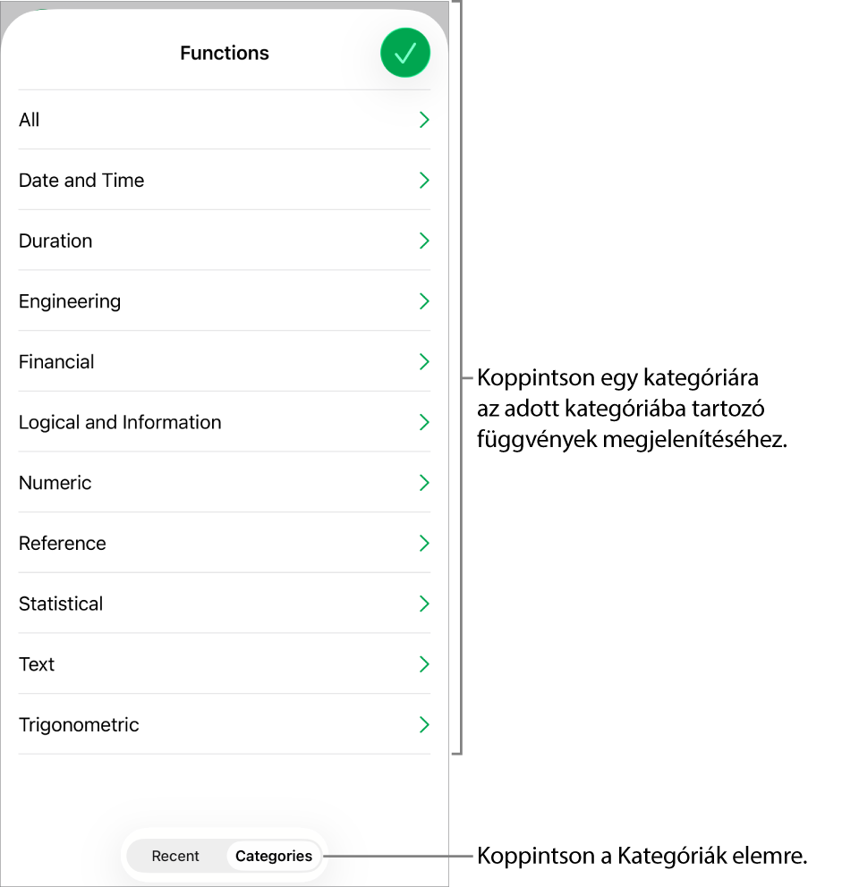 A Függvényböngésző a kijelölve látható Kategóriák gombbal, alatta pedig a kategóriák listájával.