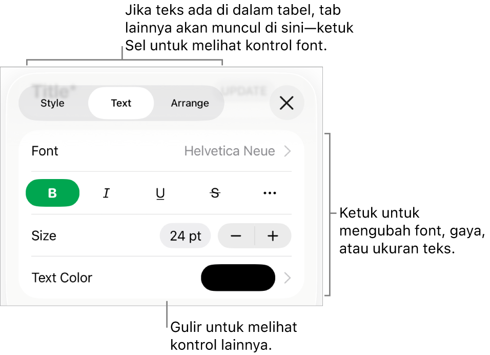 Kontrol teks di menu Format untuk mengatur paragraf dan gaya karakter, font, ukuran, dan warna.