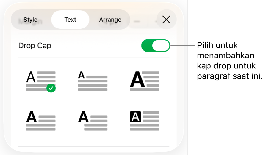 Kontrol Kap Drop terletak di menu Teks.