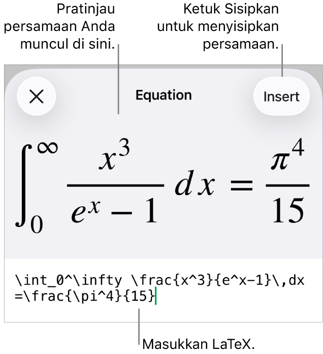 Dialog Persamaan, menampilkan sebuah persamaan ditulis menggunakan perintah LaTex, dan pratinjau formula di atas.