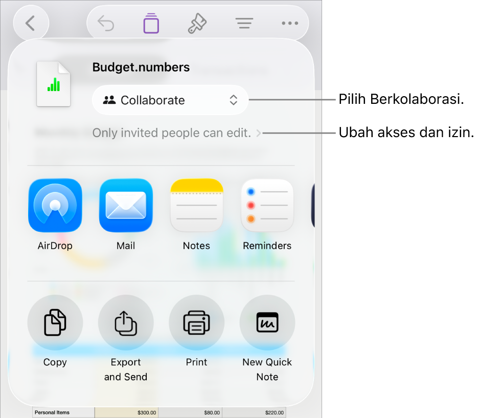Menu Bagikan dengan Kolaborasi dipilih di bagian atas, dan pengaturan dan izin di bawahnya.