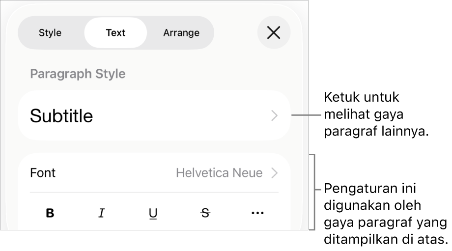 Menu Format menampilkan kontrol teks untuk mengatur paragraf dan gaya karakter, font, ukuran, dan warna.