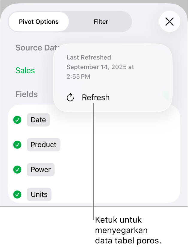 Menu Pilihan Poros menampilkan pilihan untuk menyegarkan tabel poros.