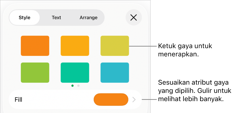 Tab Gaya menu Format dengan gaya bentuk di bagian atas dan bidang warna isi di bawahnya.