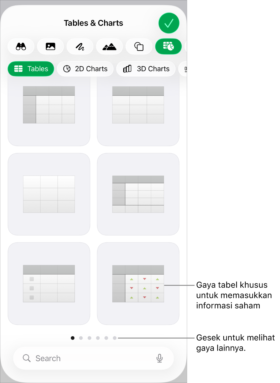 Gambar mini gaya tabel yang tersedia, dengan gaya khusus untuk memasukkan informasi saham di pojok kanan bawah. Enam titik di bagian bawah menunjukkan bahwa Anda dapat menggesek untuk melihat gaya lainnya.