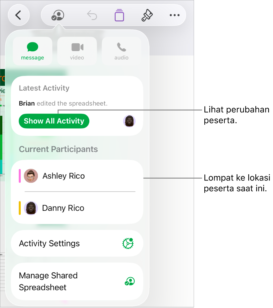 Menu kolaborasi dengan peserta saat ini terdaftar.