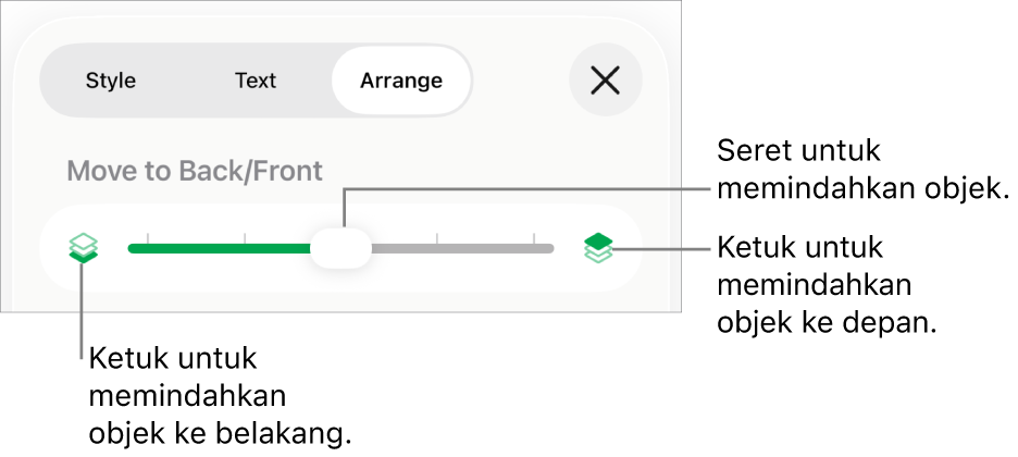 Tombol Pindahkan ke Belakang, tombol Pindahkan ke Depan, dan penggeser lapisan.