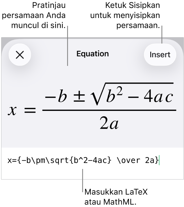 Dialog Persamaan, menampilkan sebuah persamaan ditulis menggunakan perintah MathML, dan pratinjau formula di atas.