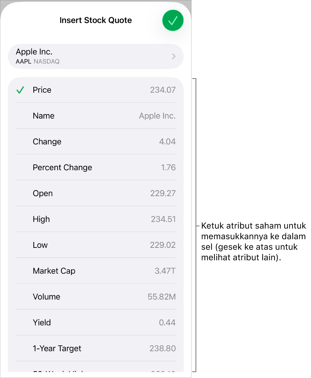 Popover harga saham, dengan nama saham di bagian atas, dan atribut saham yang dapat dipilih meliputi harga, nama, perubahan, persentase perubahan, dan pembukaan dicantumkan di bawah.