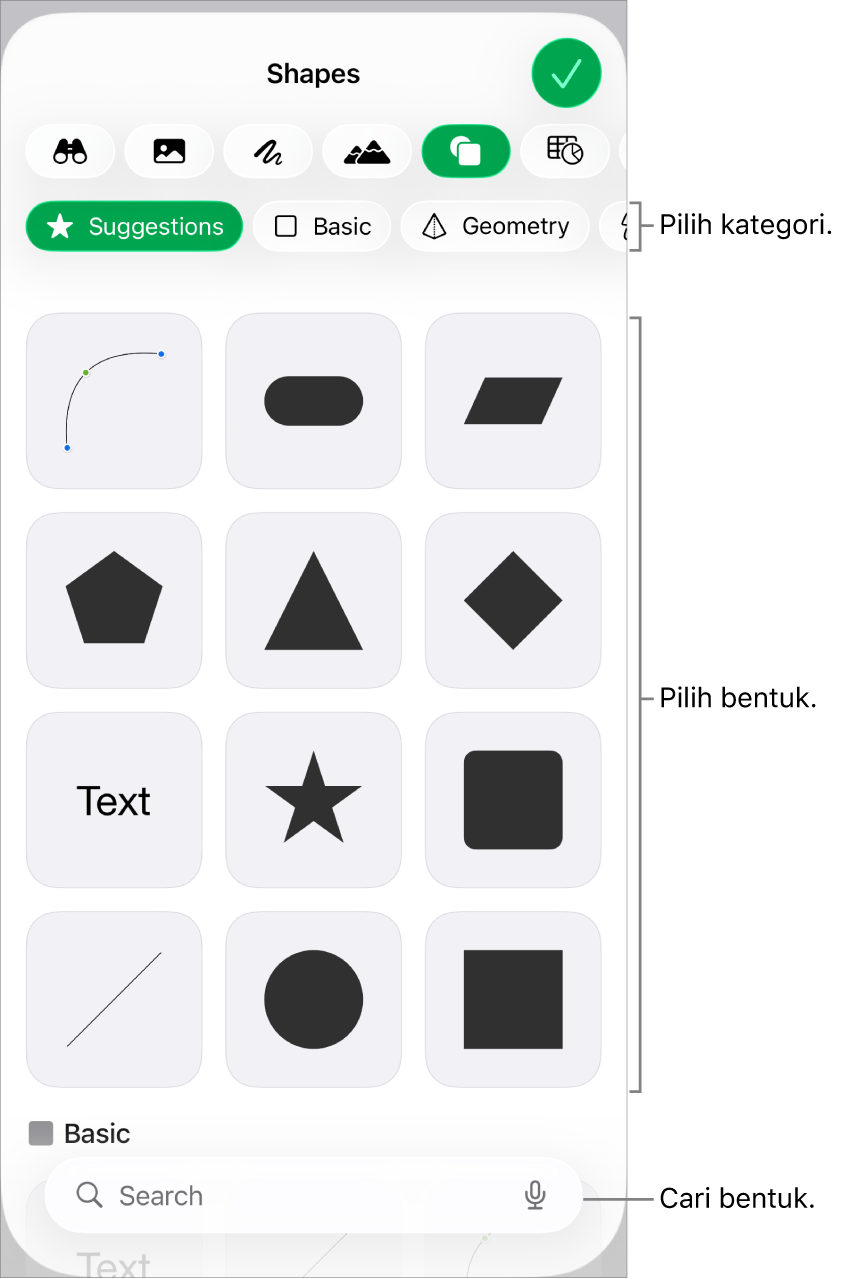 Perpustakaan bentuk, dengan kategori di bagian atas dan bentuk ditampilkan di bawah. Anda dapat menggunakan bidang pencarian di bagian atas untuk menemukan bentuk dan menggesek untuk melihat lainnya.