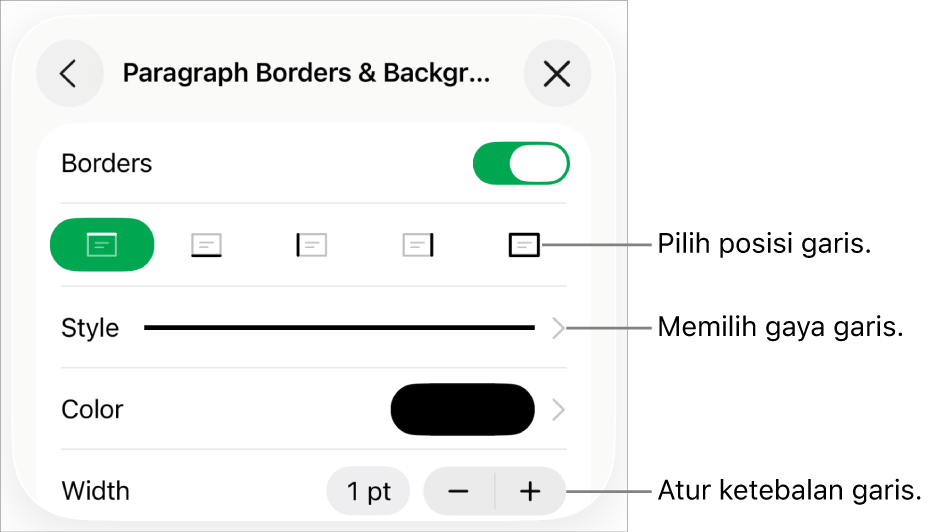 Kontrol untuk mengubah gaya, ketebalan, posisi, dan warna garis.