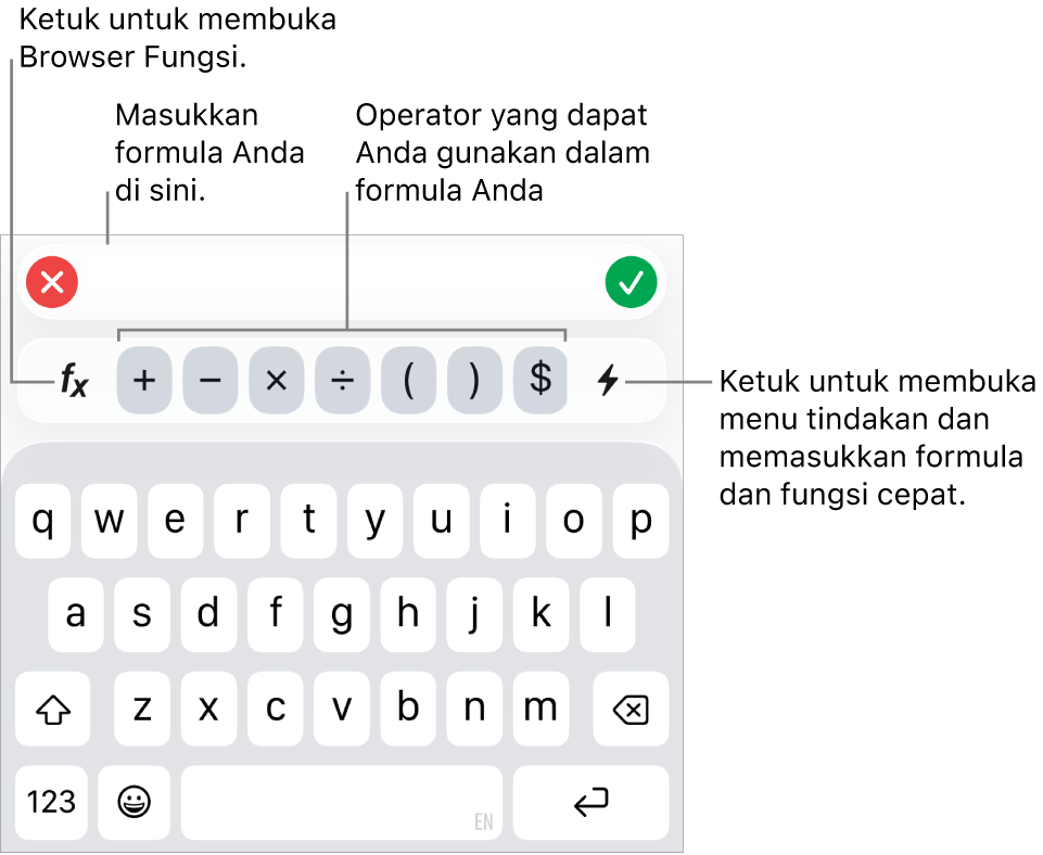 Papan ketik formula, dengan Editor Formula di bagian atas dan operator digunakan dalam formula di bawahnya. Tombol Fungsi untuk membuka Browser Fungsi berada di kiri operator, dan tombol menu Tindakan berada di kanan.