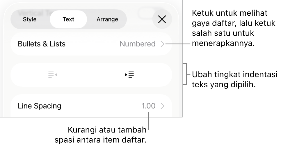 Bagian Poin & Daftar dari kontrol Format dengan keterangan ke Poin & Daftar, tombol indentasi luar dan indentasi dalam, serta kontrol spasi baris.