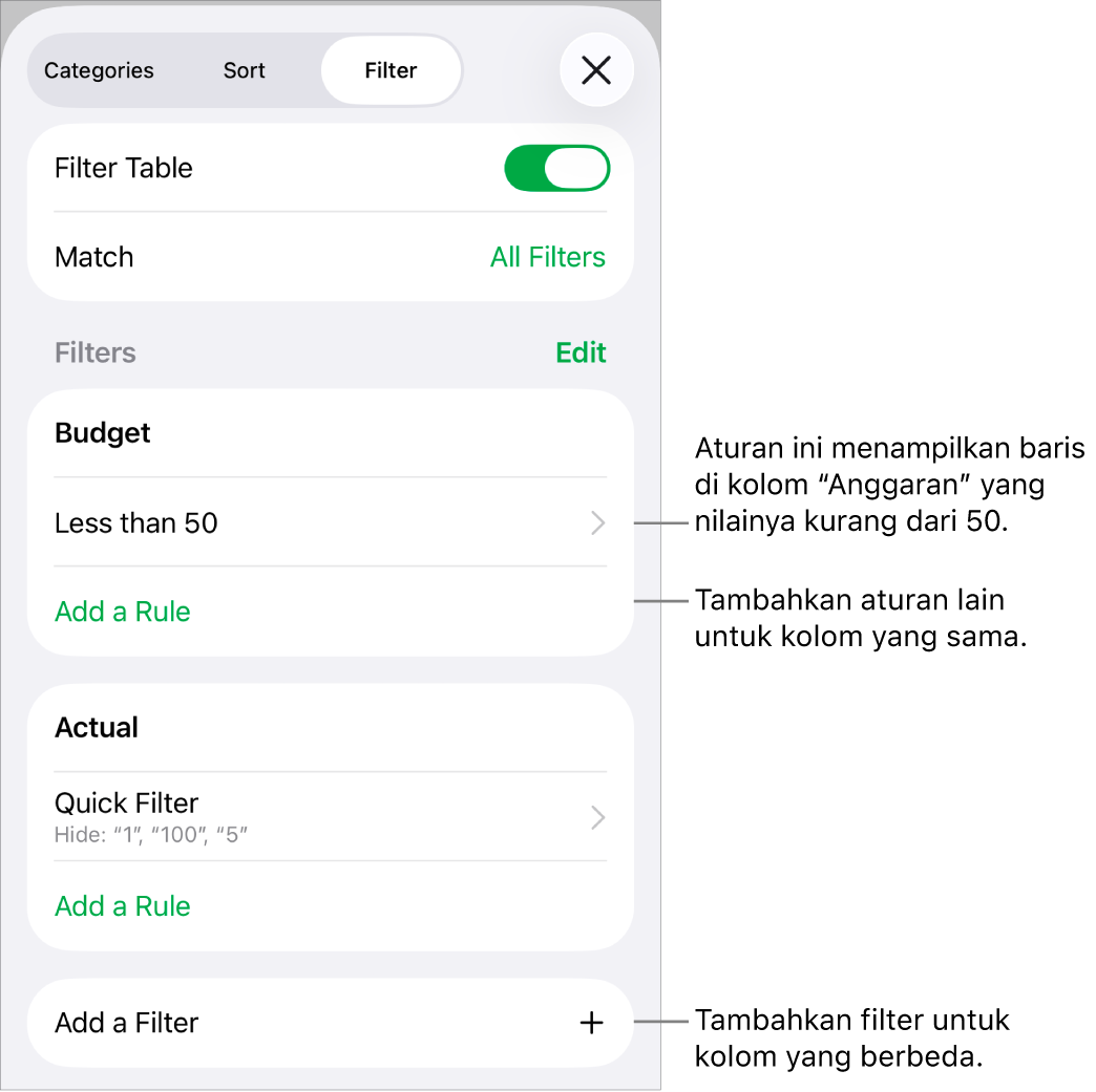 Kontrol untuk menambahkan aturan pemfilteran baru atau mengedit aturan yang ada.