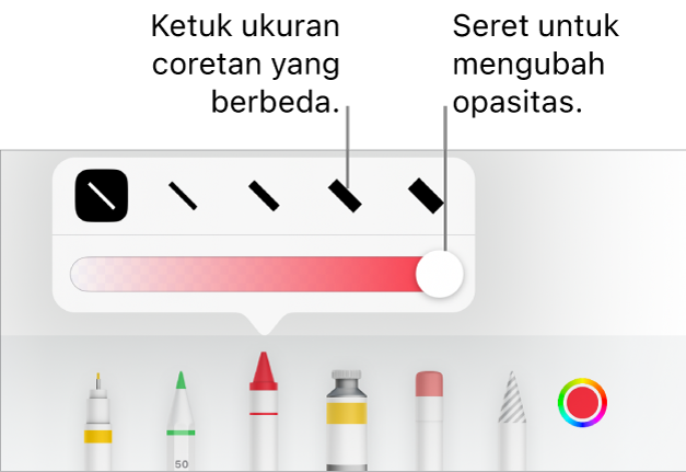 Kontrol untuk memilih ukuran coretan dan penggeser untuk menyesuaikan opasitas.