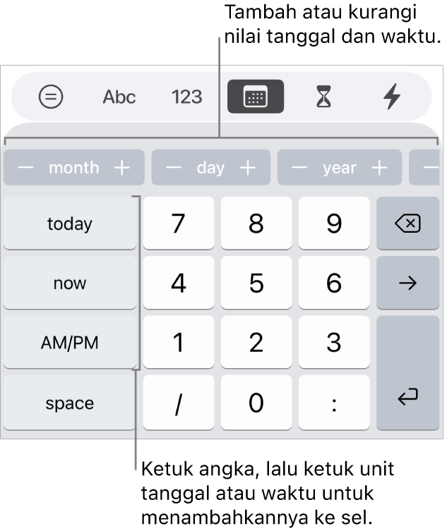 Papan ketik tanggal dan waktu. Baris tombol di dekat bagian atas menampilkan unit waktu (bulan, tanggal, dan tahun) yang dapat Anda tambahkan untuk mengubah nilai yang ditampilkan di sel. Terdapat tombol di kiri untuk hari ini, saat ini, dan AM/PM, serta tombol angka di bagian tengah papan ketik.