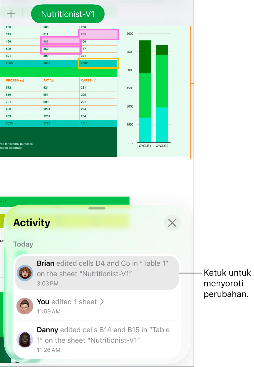 Spreadsheet kolaboratif dengan menu kolaborasi dan daftar aktivitas terbuka.