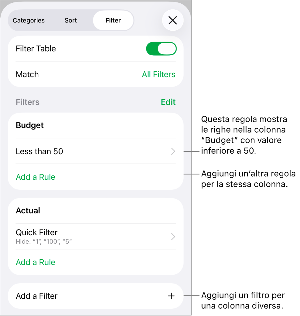 Controlli per l’aggiunta di nuove regole di filtro o per modificare quelle esistenti.