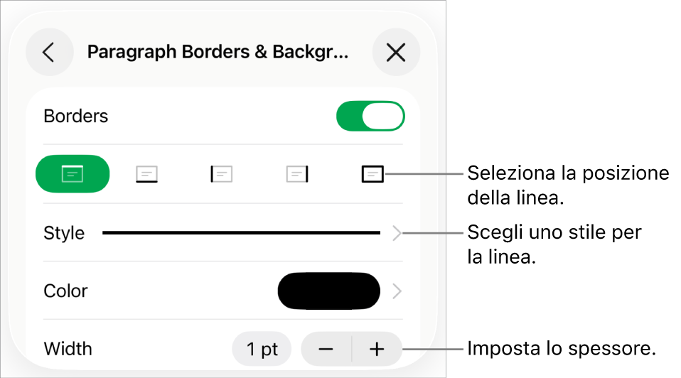 Controlli per modificare lo stile, lo spessore, la posizione e il colore della linea.